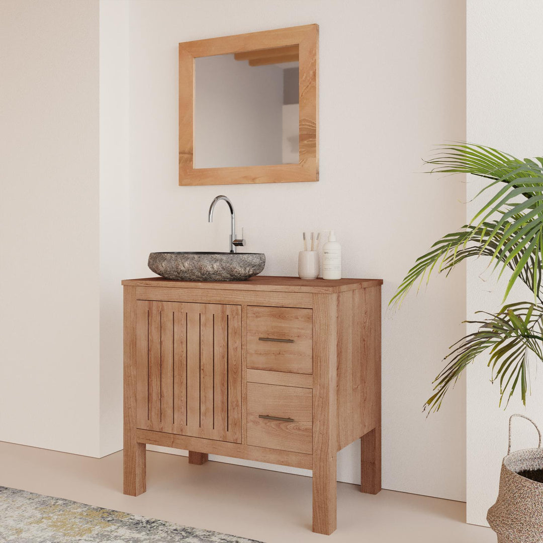Bathroom vanity unit 85 cm with door and drawers in natural teak wood - Crunch