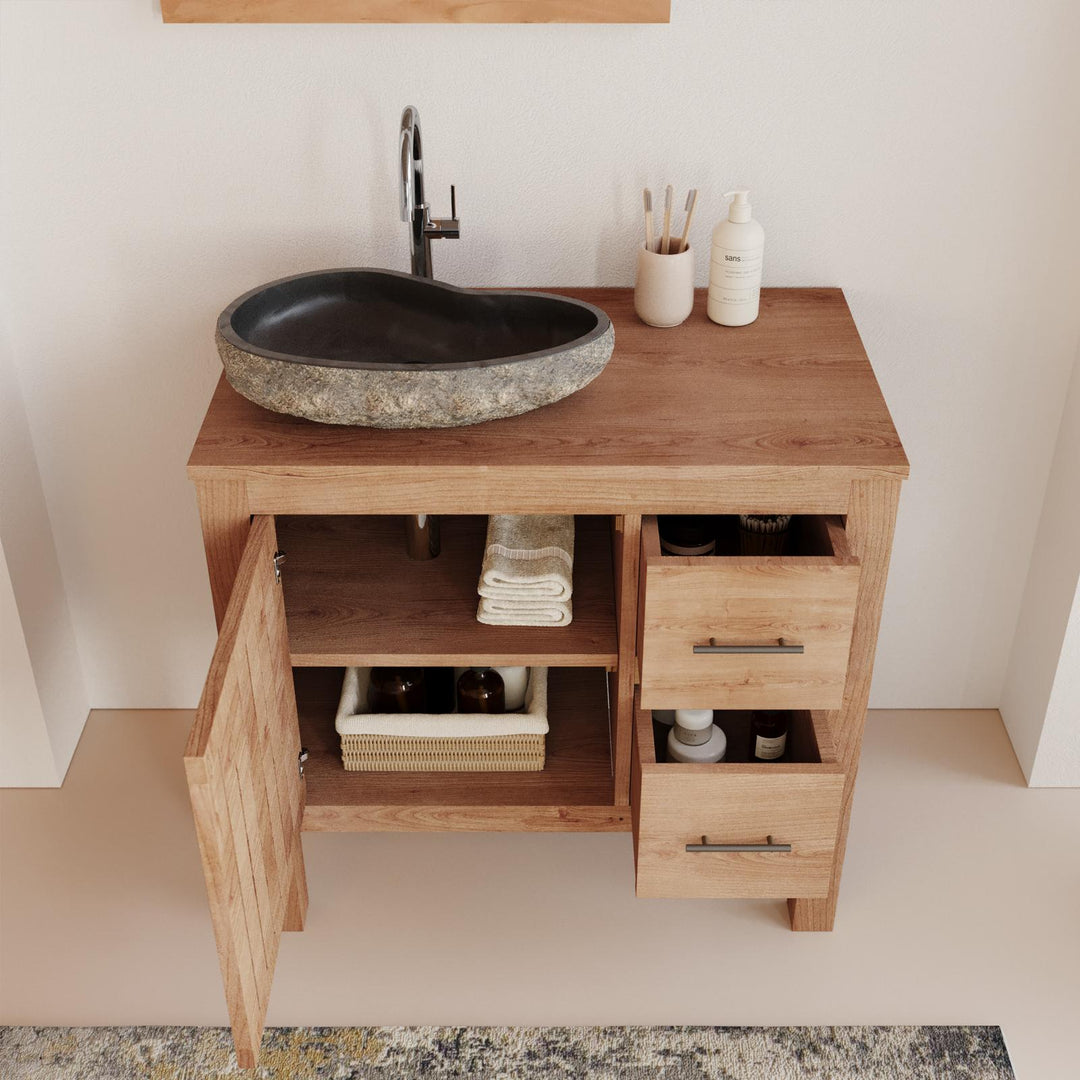 Bathroom vanity unit 85 cm with door and drawers in natural teak wood - Crunch