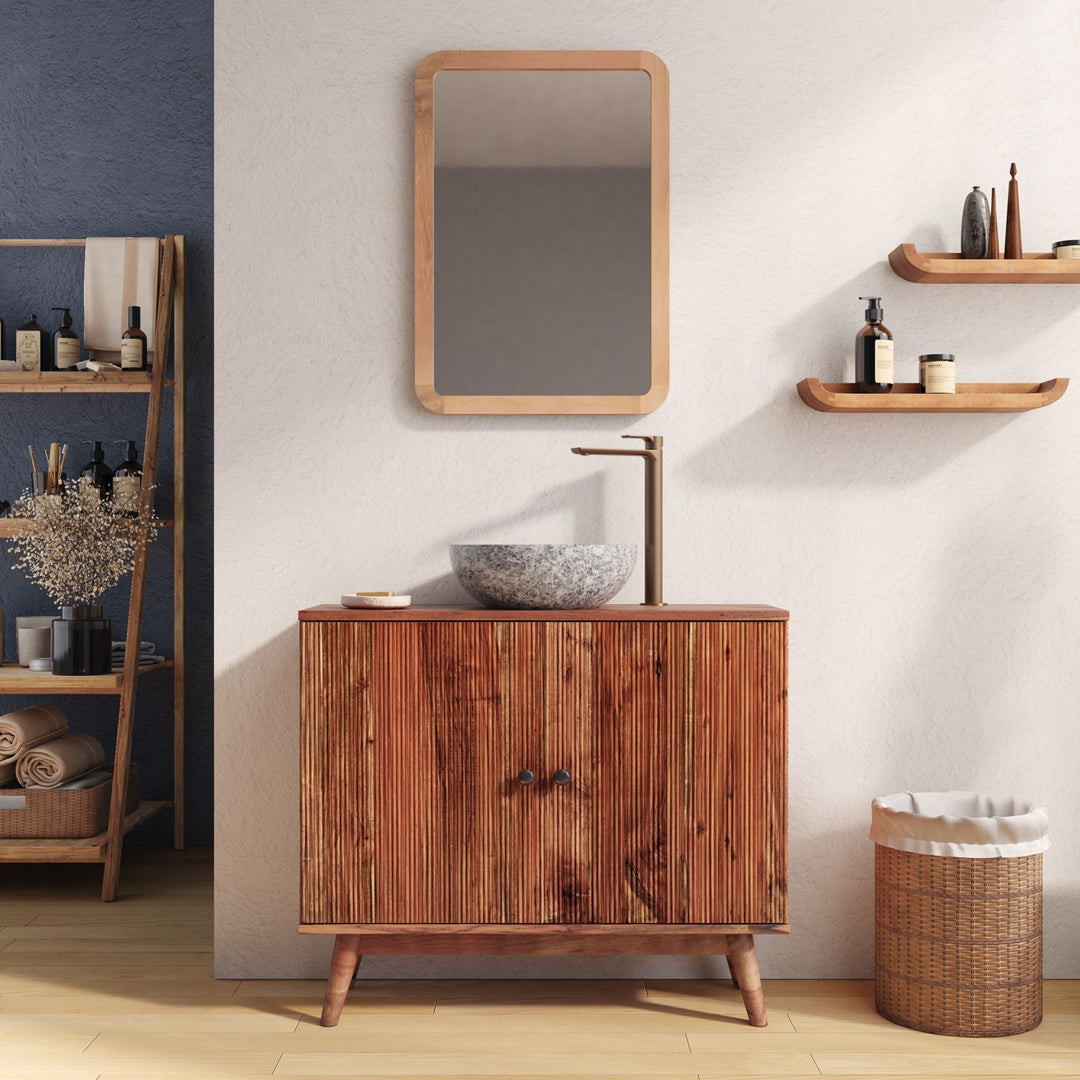 Freia 88 cm acacia wood bathroom vanity unit with ribbed effect