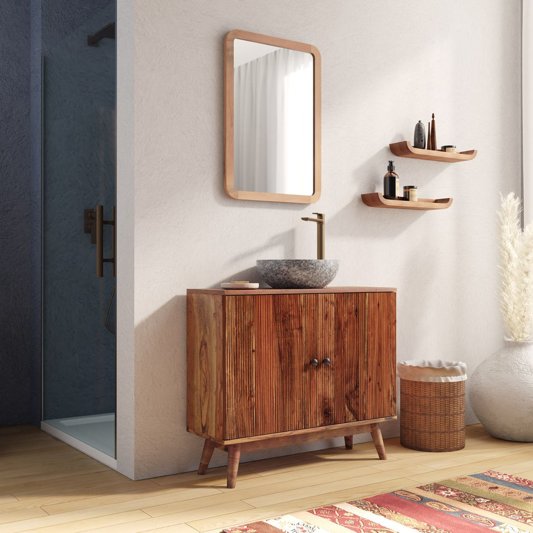 Bathroom vanity unit 88 cm with 2 doors in acacia wood with a ribbed effect - Freia