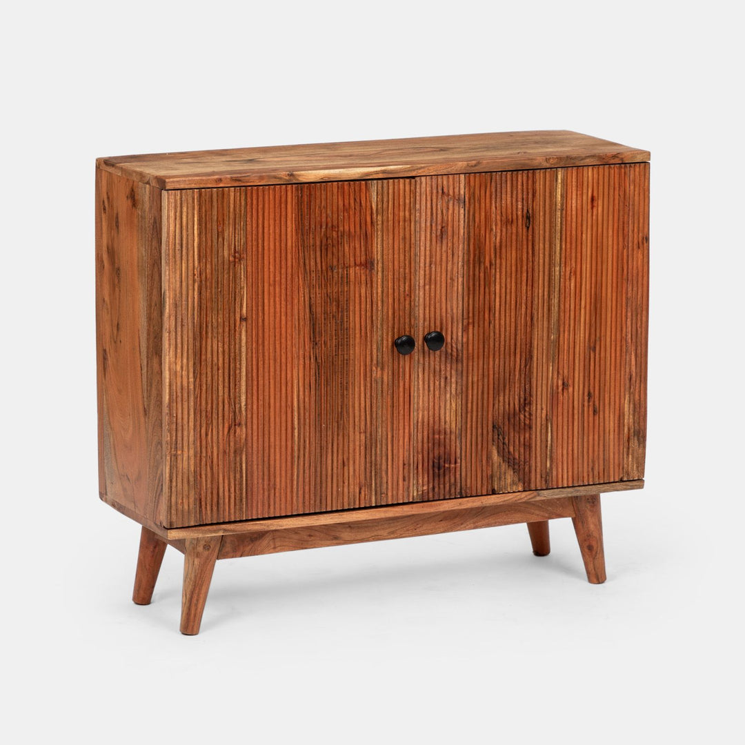 Bathroom vanity unit 88 cm with 2 doors in acacia wood with a ribbed effect - Freia