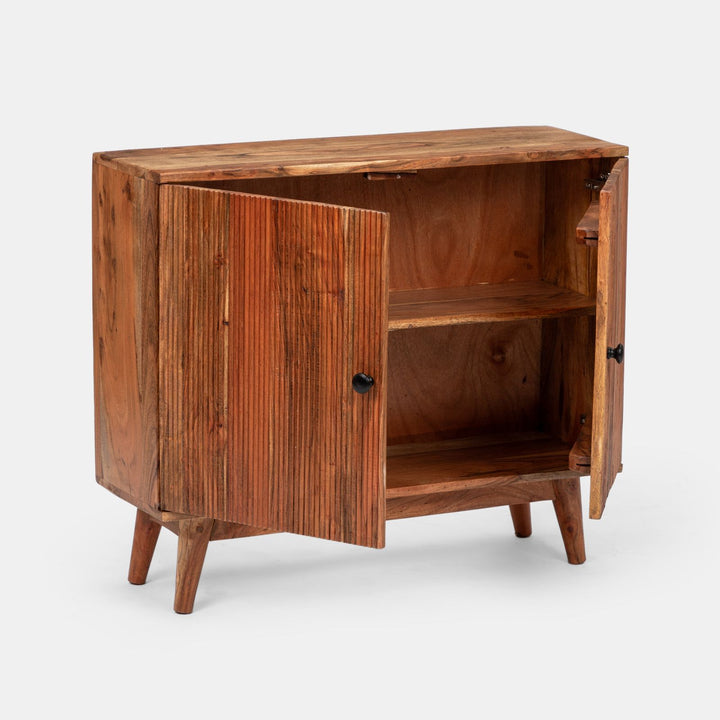 Bathroom vanity unit 88 cm with 2 doors in acacia wood with a ribbed effect - Freia