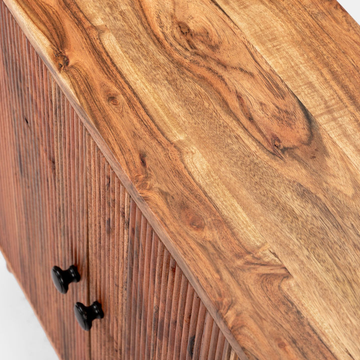 Bathroom vanity unit 88 cm with 2 doors in acacia wood with a ribbed effect - Freia