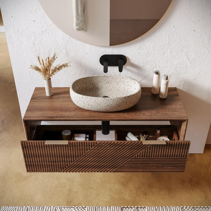 Front view of mango wood bathroom cabinet with mirror