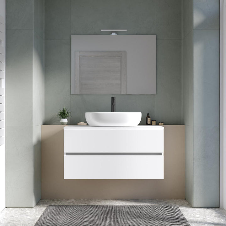 Bathroom cabinet suspended washbasin with drawers 100 cm matt white with mirror - Cuki - Main View