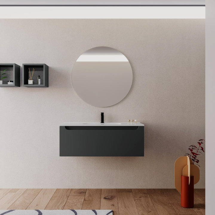 100 cm anthracite suspended bathroom cabinet with integrated sink and mirror - Sleek
