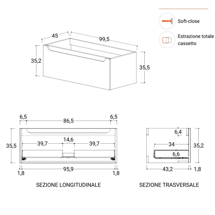 100 cm anthracite suspended bathroom cabinet with integrated sink and mirror - Sleek
