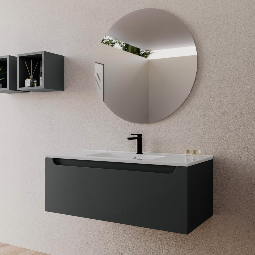 100 cm anthracite suspended bathroom cabinet with integrated sink and mirror - Sleek