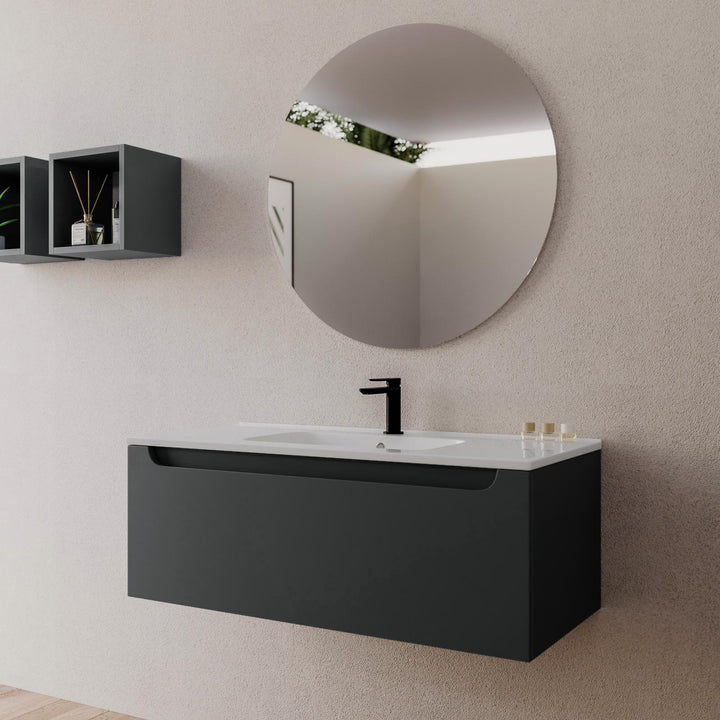 100 cm anthracite suspended bathroom cabinet with integrated sink and mirror - Sleek
