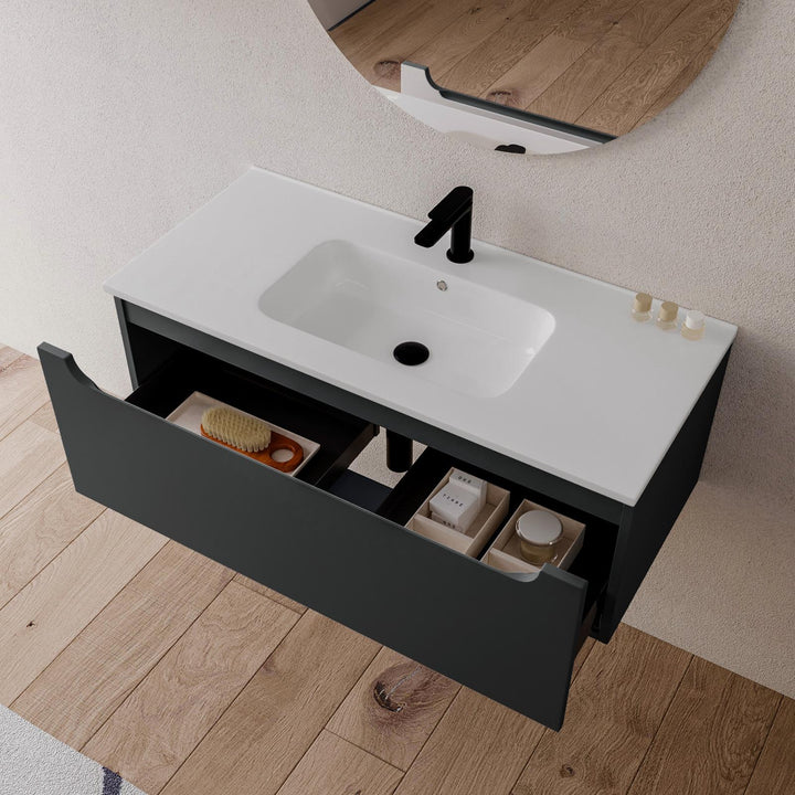 100 cm anthracite suspended bathroom cabinet with integrated sink and mirror - Sleek