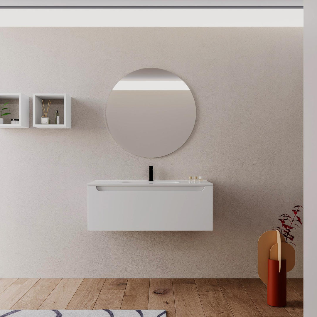 Sleek bathroom cabinet - 100cm matt white with integrated sink and mirror