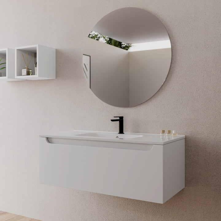 100cm matt white suspended bathroom cabinet with integrated sink and mirror - Sleek