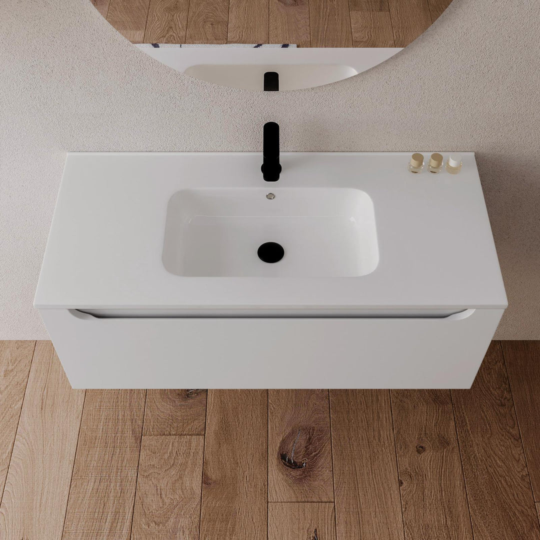 100cm matt white suspended bathroom cabinet with integrated sink and mirror - Sleek