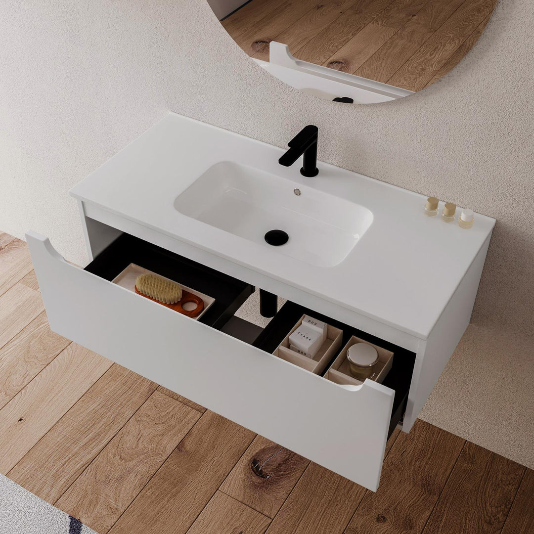 100cm matt white suspended bathroom cabinet with integrated sink and mirror - Sleek