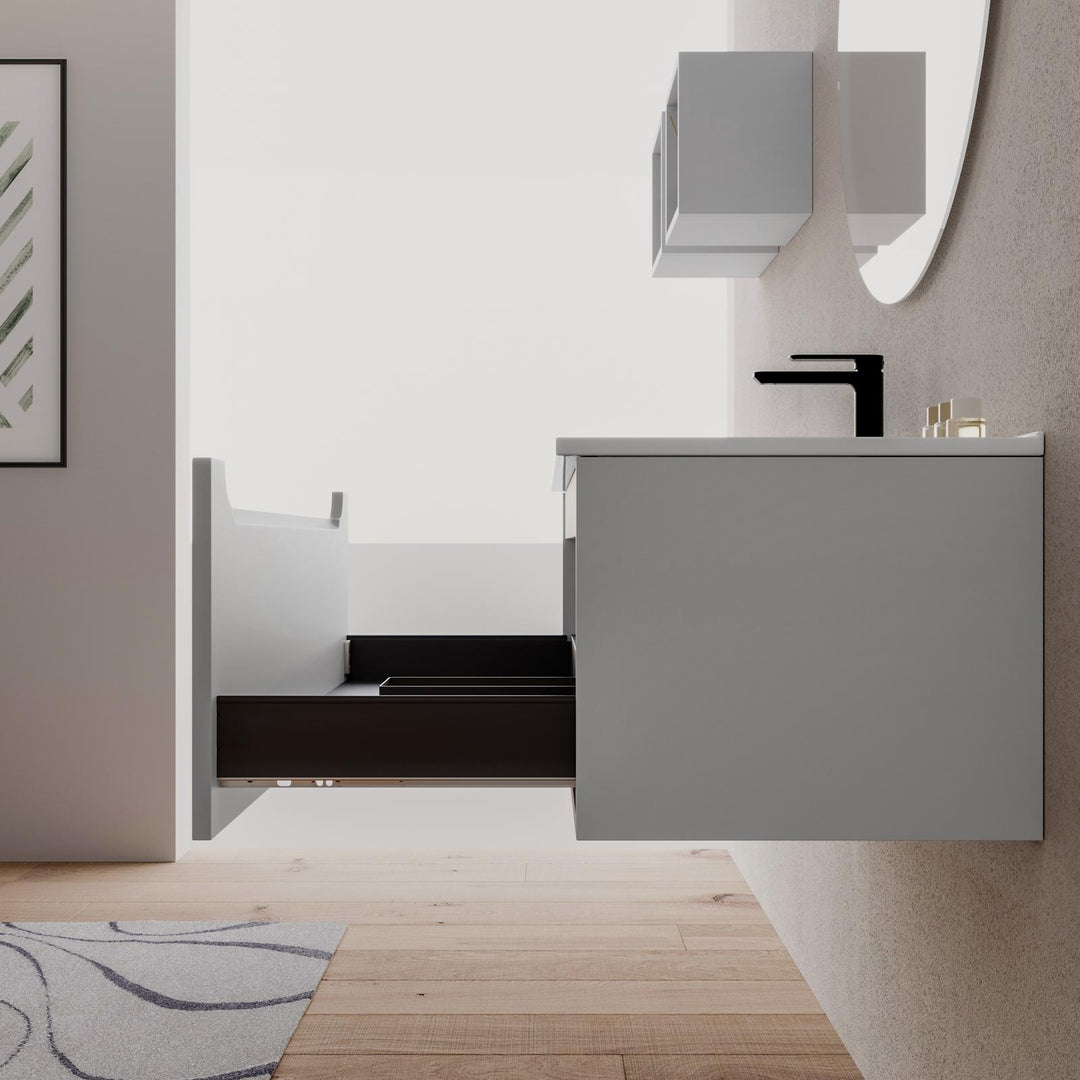 100cm matt white suspended bathroom cabinet with integrated sink and mirror - Sleek