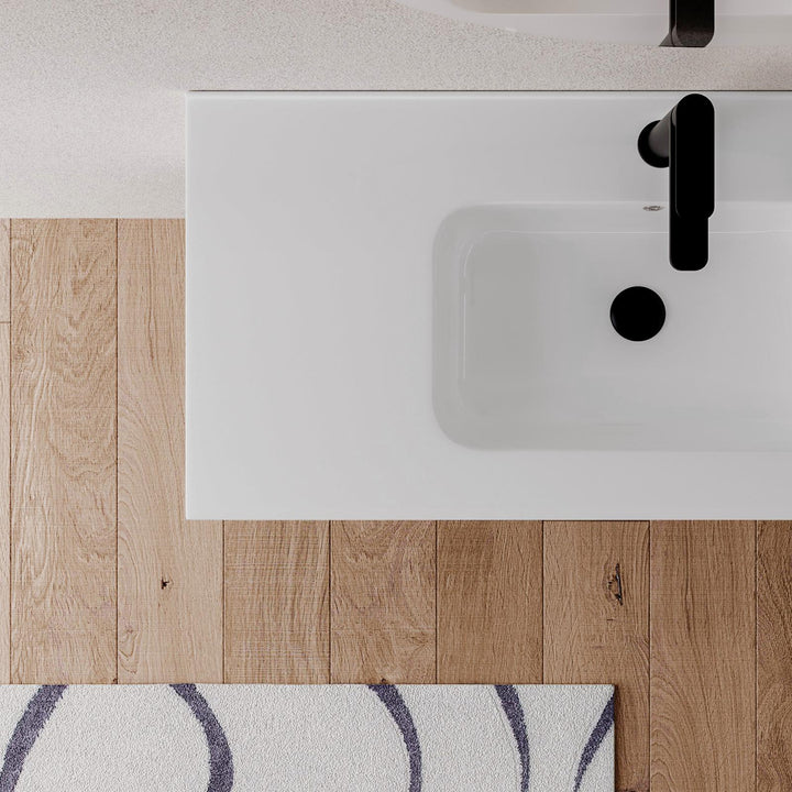 100cm matt white suspended bathroom cabinet with integrated sink and mirror - Sleek