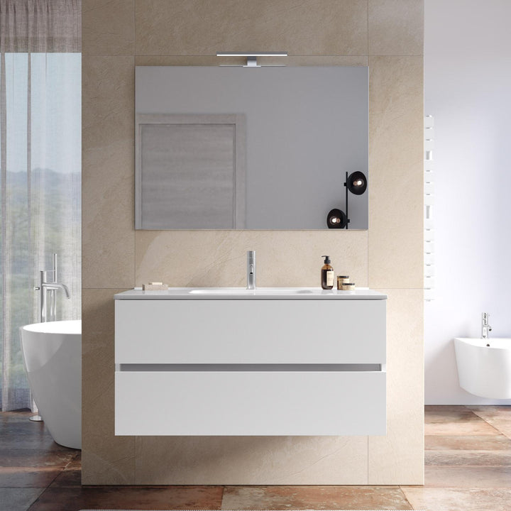 Suspended bathroom cabinet with drawers 100 cm white with sink and mirror - Cuki