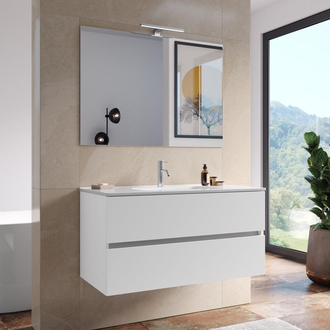 Suspended bathroom cabinet with drawers 100 cm white with sink and mirror - Cuki