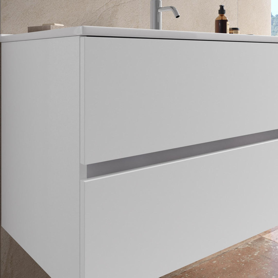 Suspended bathroom cabinet with drawers 100 cm white with sink and mirror - Cuki
