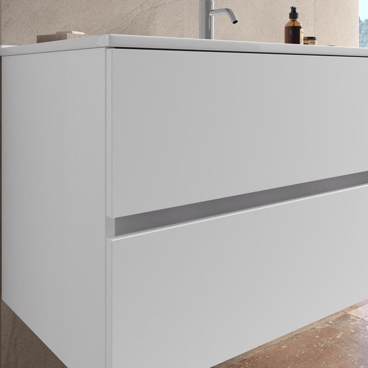 Suspended bathroom cabinet with drawers 100 cm white with sink and mirror - Cuki