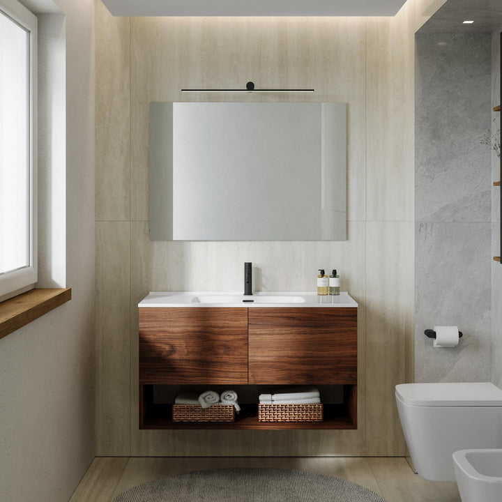 100 cm suspended bathroom cabinet in solid oak with integrated sink and mirror - Lion
