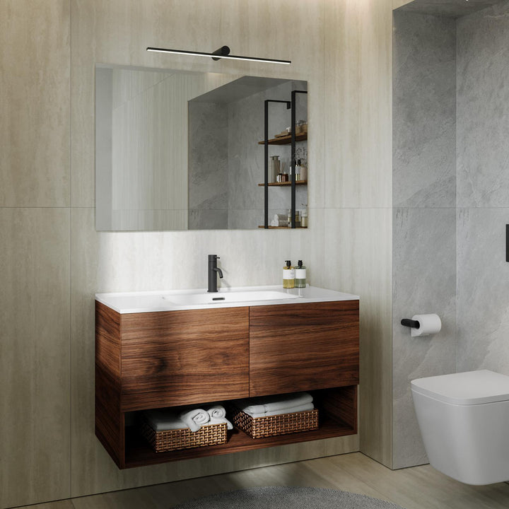 100 cm suspended bathroom cabinet in solid oak with integrated sink and mirror - Lion