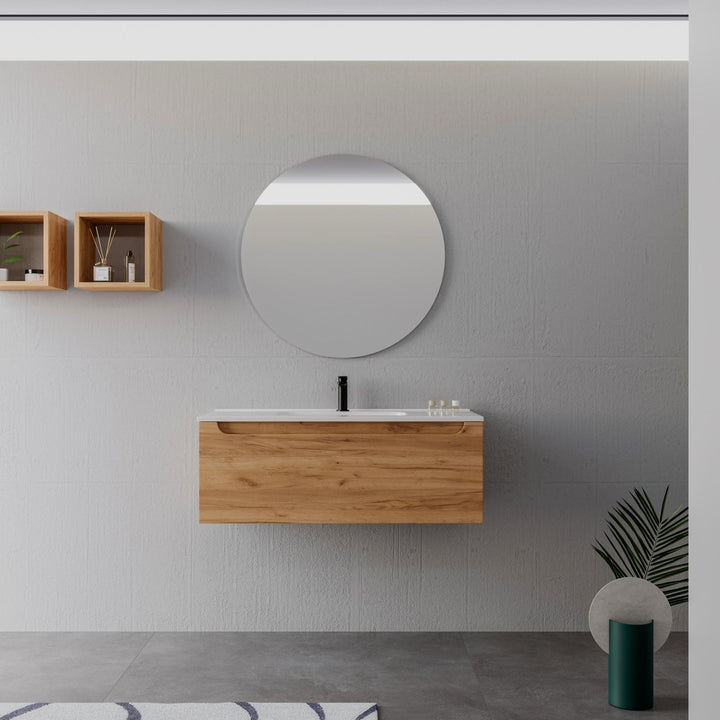 100cm gold oak suspended bathroom cabinet with integrated sink and mirror - Sleek