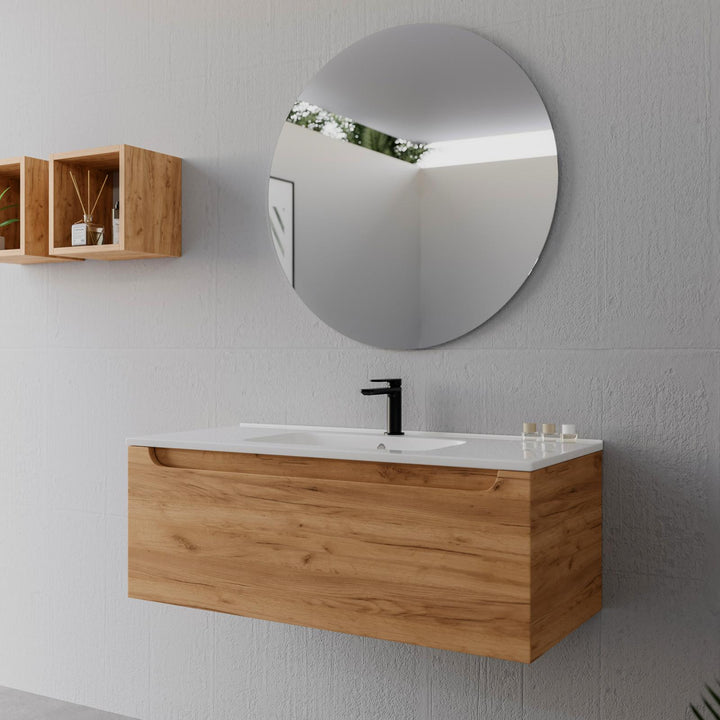 100cm gold oak suspended bathroom cabinet with integrated sink and mirror - Sleek