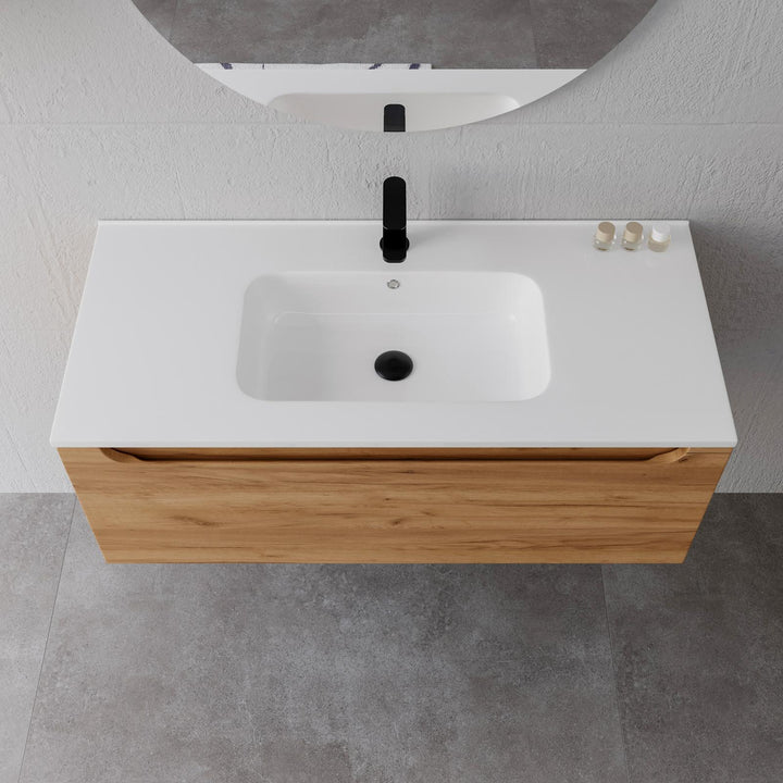 100cm gold oak suspended bathroom cabinet with integrated sink and mirror - Sleek