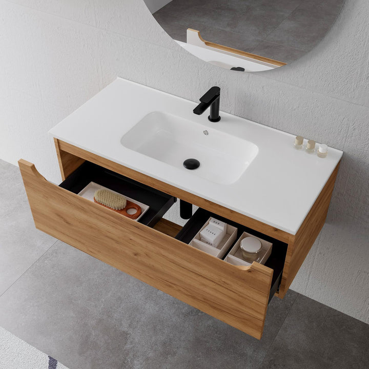 100cm gold oak suspended bathroom cabinet with integrated sink and mirror - Sleek