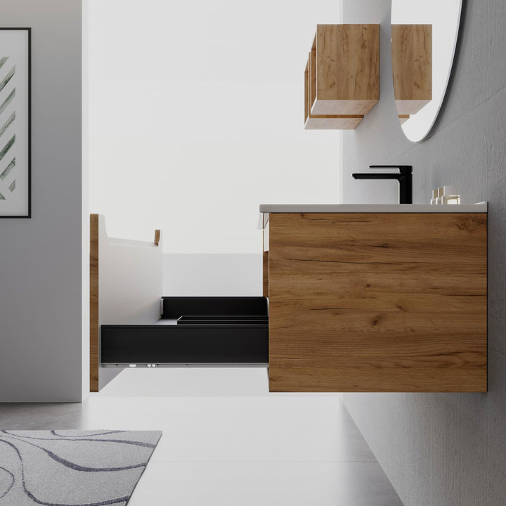 100cm gold oak suspended bathroom cabinet with integrated sink and mirror - Sleek