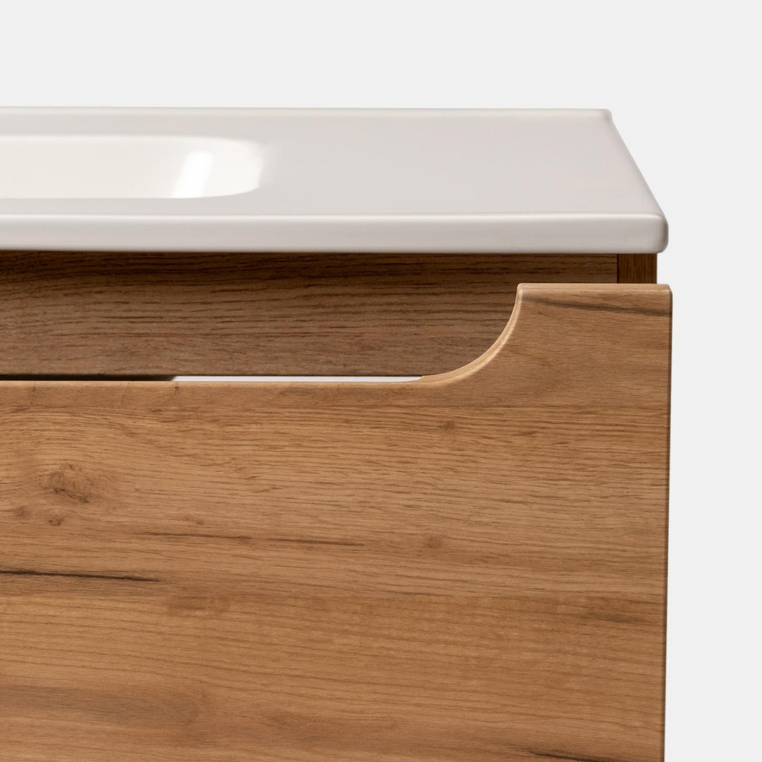 100cm gold oak suspended bathroom cabinet with integrated sink and mirror - Sleek