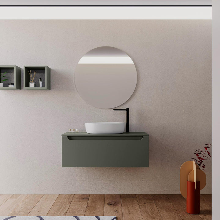 100cm suspended bathroom cabinet in concrete green with top and mirror - Sleek