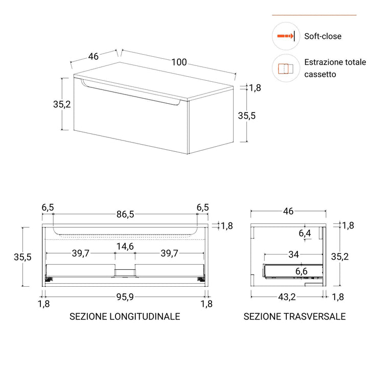 100cm suspended bathroom cabinet in concrete green with top and mirror - Sleek