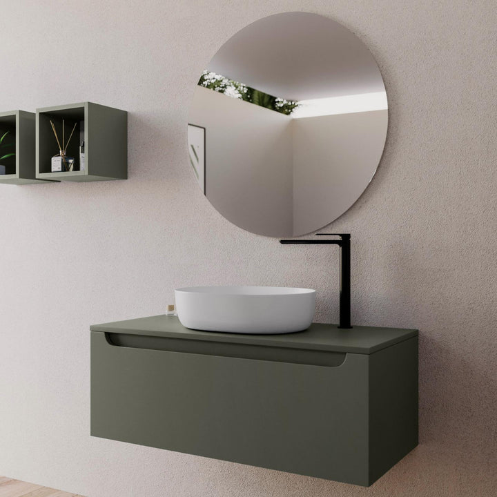 100cm suspended bathroom cabinet in concrete green with top and mirror - Sleek