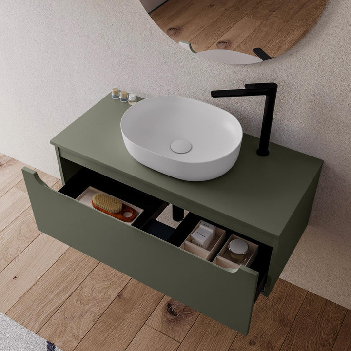 100cm suspended bathroom cabinet in concrete green with top and mirror - Sleek