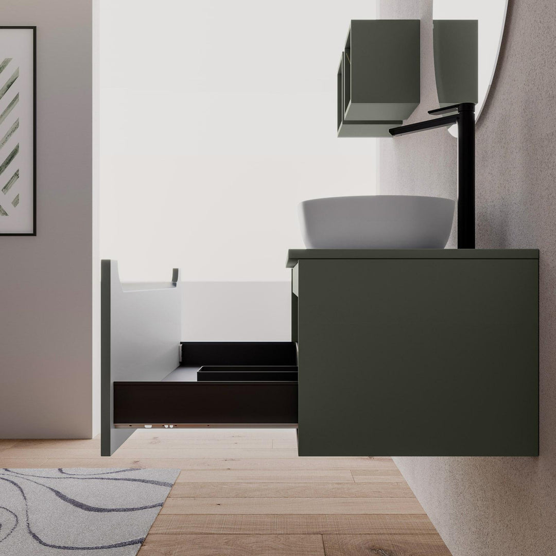 100cm suspended bathroom cabinet in concrete green with top and mirror - Sleek