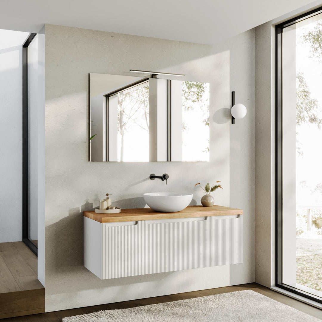 120 cm Matt White Ribbed Suspended Bathroom Cabinet with Gold Oak Top and Mirror – Konai