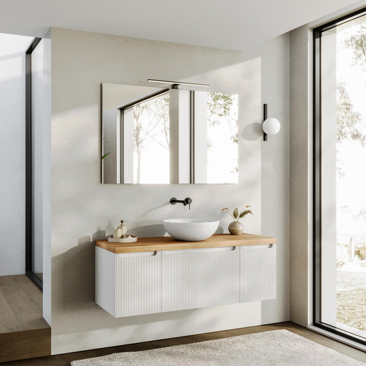 120 cm Matt White Ribbed Suspended Bathroom Cabinet with Gold Oak Top and Mirror – Konai