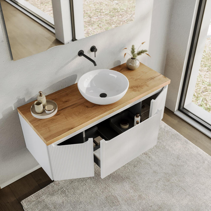 120 cm Matt White Ribbed Suspended Bathroom Cabinet with Gold Oak Top and Mirror – Konai