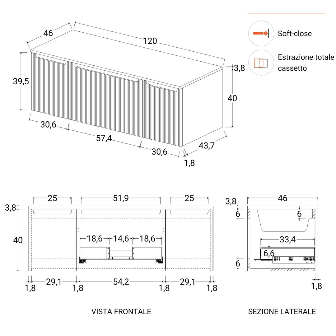 120 cm Matt White Ribbed Suspended Bathroom Cabinet with Gold Oak Top and Mirror – Konai