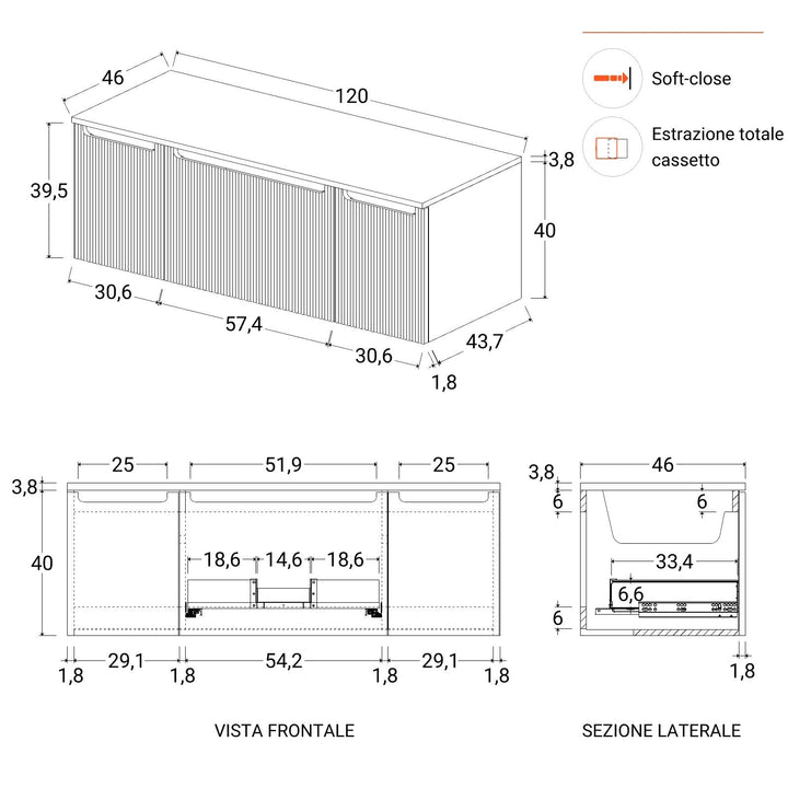 120 cm Matt White Ribbed Suspended Bathroom Cabinet with Gold Oak Top and Mirror – Konai