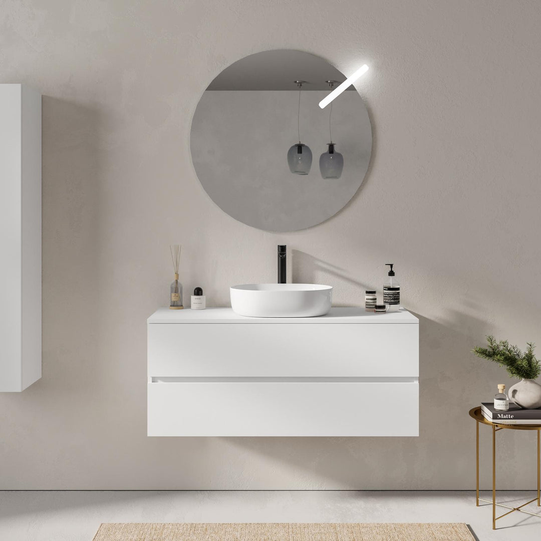 120 cm matt white suspended bathroom cabinet with 2 drawers and top with mirror - Cuki - Main View