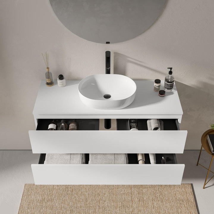 120 cm matt white suspended bathroom cabinet with 2 drawers and top with mirror - Cuki - Image 2