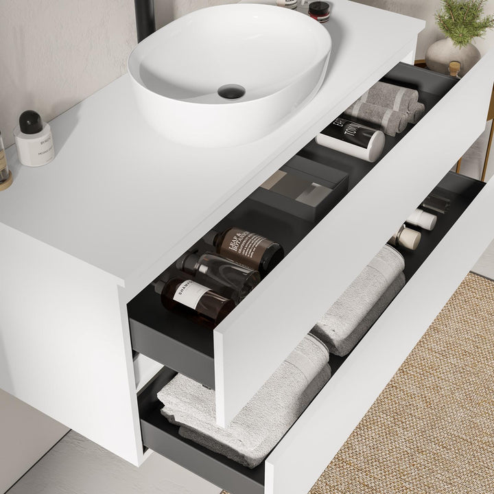 120 cm matt white suspended bathroom cabinet with 2 drawers and top with mirror - Cuki - Image 3