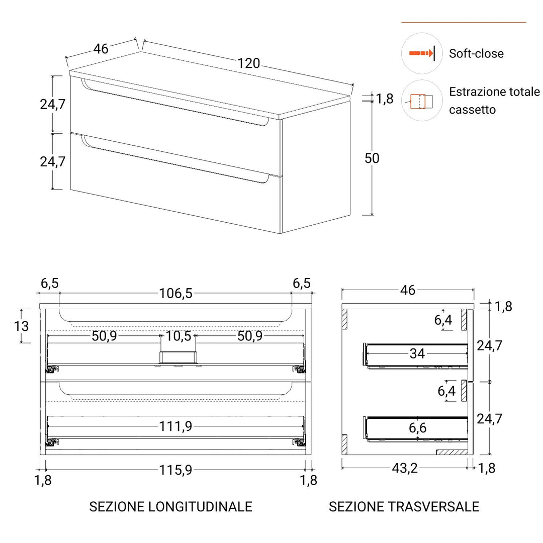 120cm suspended bathroom cabinet in solid oak with top and mirror - Sleek Plus