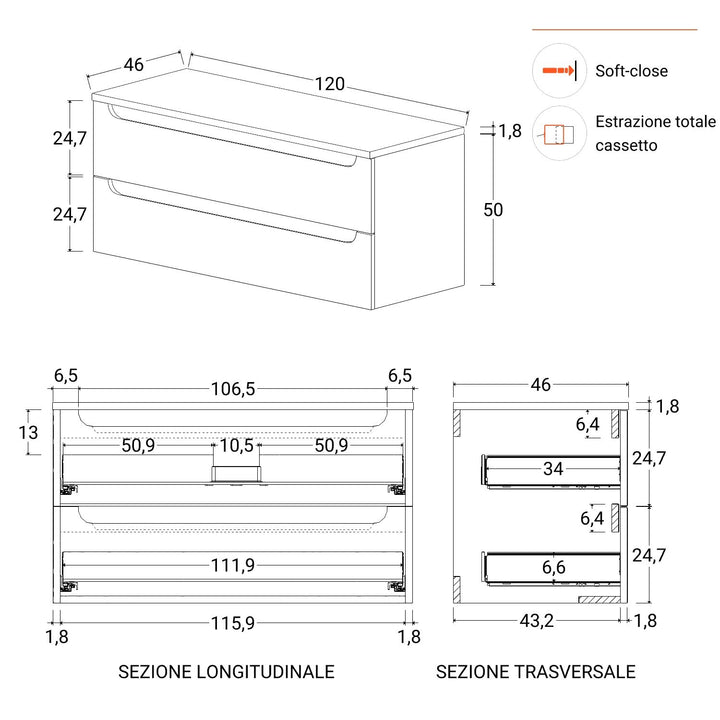 120cm suspended bathroom cabinet in solid oak with top and mirror - Sleek Plus