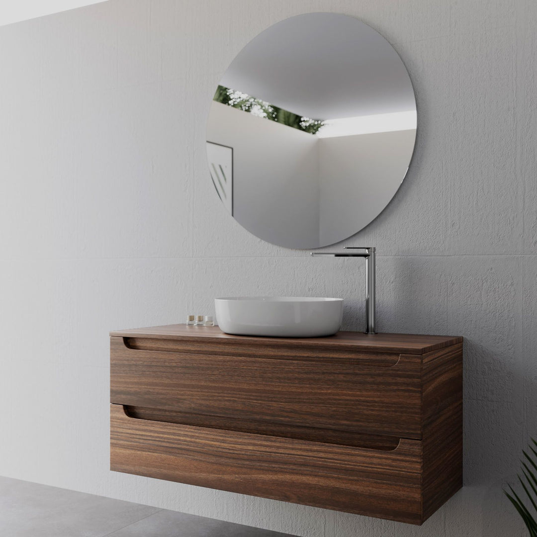 120cm suspended bathroom cabinet in solid oak with top and mirror - Sleek Plus