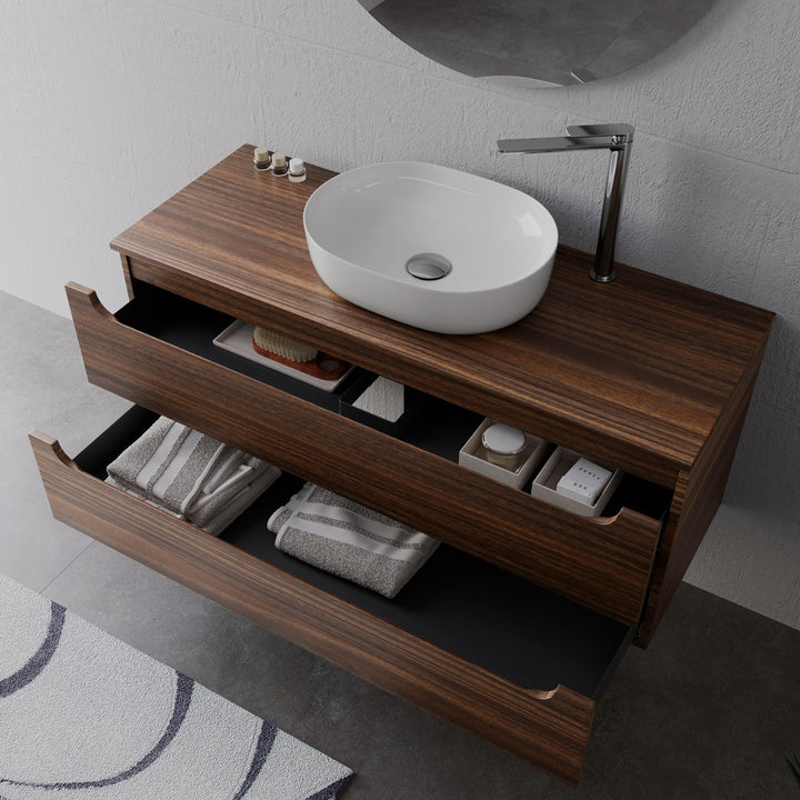120cm suspended bathroom cabinet in solid oak with top and mirror - Sleek Plus