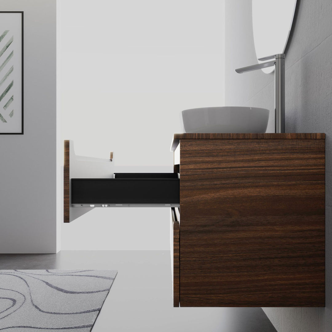 120cm suspended bathroom cabinet in solid oak with top and mirror - Sleek Plus